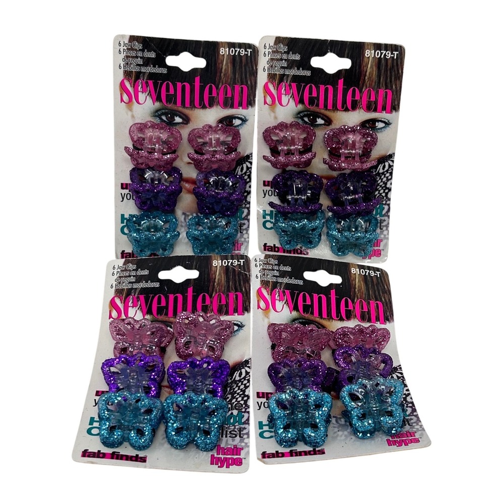 Vintage 1999 Seventeen Magazine Butterfly Glitter Hair Jaw Clips 4 Packs 81079-T